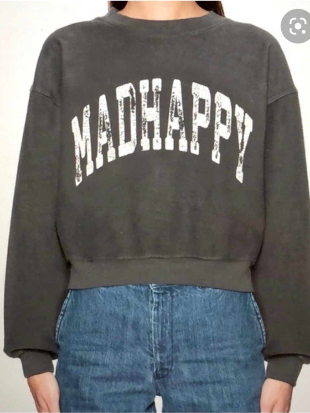 Madhappy Distressed Campus Crop Pullover Crewneck Sweatshirt Gray Small